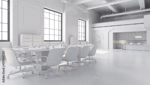 White office space  meeting room table with kitchen area