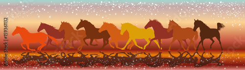 Vector background with horses galloping in the sunset