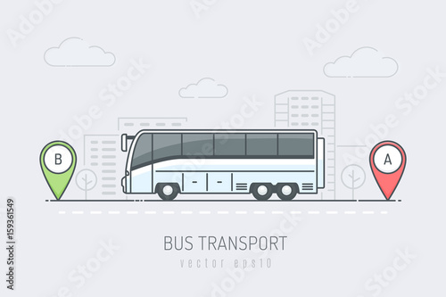 Fototapeta Autobus na drodze miejskiej jadący trasą oznaczoną znacznikami lokalizacji A i B. Ilustracja wektorowa w stylu sztuki kolor linii