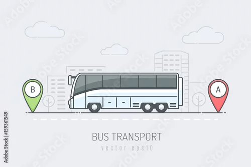 Obraz Autobus na drodze miejskiej jadący trasą oznaczoną znacznikami lokalizacji A i B. Ilustracja wektorowa w stylu sztuki kolor linii