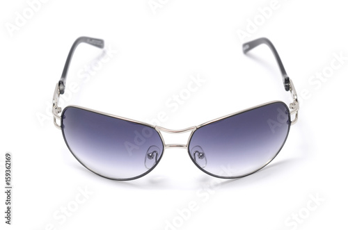 Sunglasses with blue glass in an iron frame isolated on white