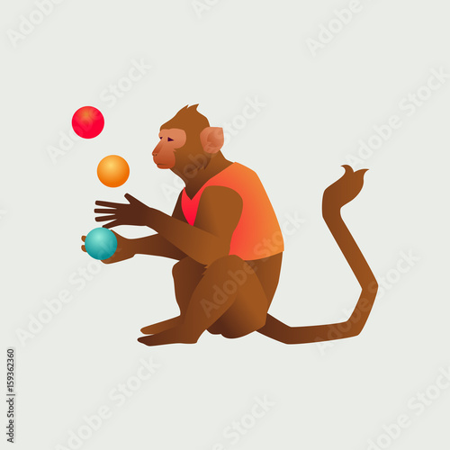 Gradient style Circus trained wild animals performance isolated on light gray. Monkey Juggles