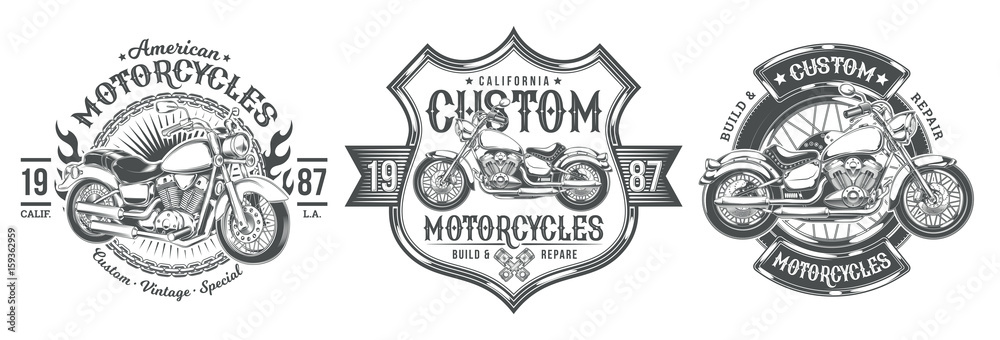 Set vector black vintage badges, emblems with a custom motorcycle. Print, template, advertising design element for the motor club, motorcycle repair shop