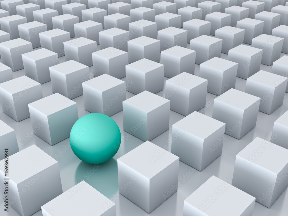 Obraz premium Stand out from the crowd and different creative idea concepts , One green sphere among other white cubes on white background with reflections and shadows . 3D rendering.