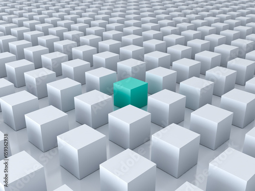 Stand out from the crowd and different creative idea concepts   One green cube amongs other white cubes on white background with reflections and shadows . 3D rendering.