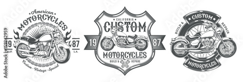 Set vector black vintage badges, emblems with a custom motorcycle. Print, template, advertising design element for the motor club, motorcycle repair shop