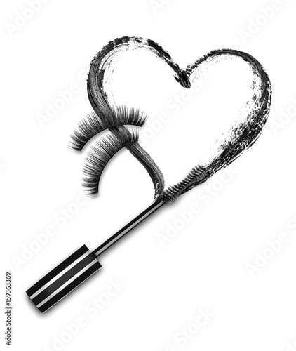 Close-up of mascara brush with black stroke in the shape of heart and false eyelashes, on white background.