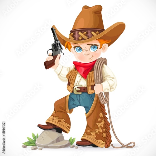 Cute boy with a gun holds the lasso isolated on a white background