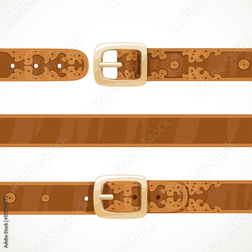 Leather belts with embroidery buttoned, unbuttoned and seamless middle part isolated on white background