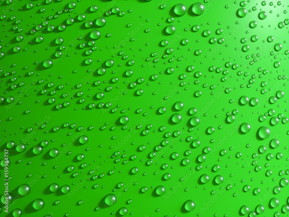 Water droplets on green background
