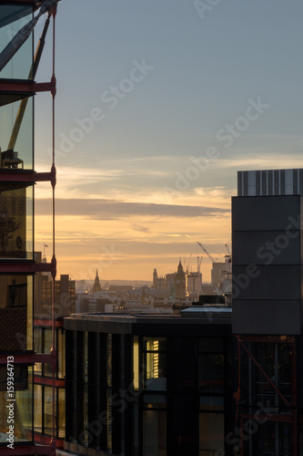 Building details in London skyline at sunset