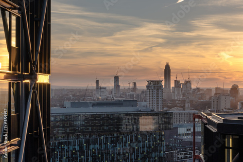 Building details in London skyline at sunset