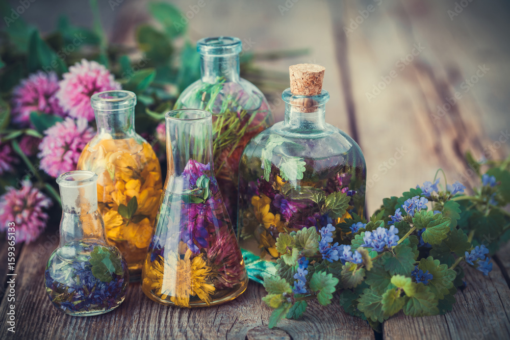 Bottles of tincture or infusion of healthy herbs, healing herbs on table. Herbal medicine. Bottles of tincture or infusion of healthy herbs, healing herbs on table. Herbal medicine.