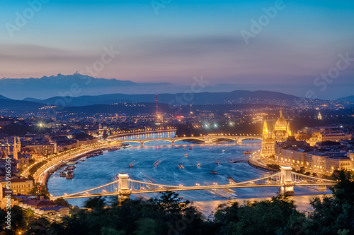 Budapest Panorama with parliament and bridges during blue hour sunset. View from Citadel