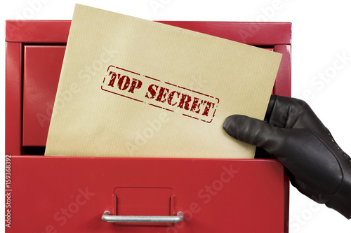 Getting top secret documents from a red file cabinet, over a white background.