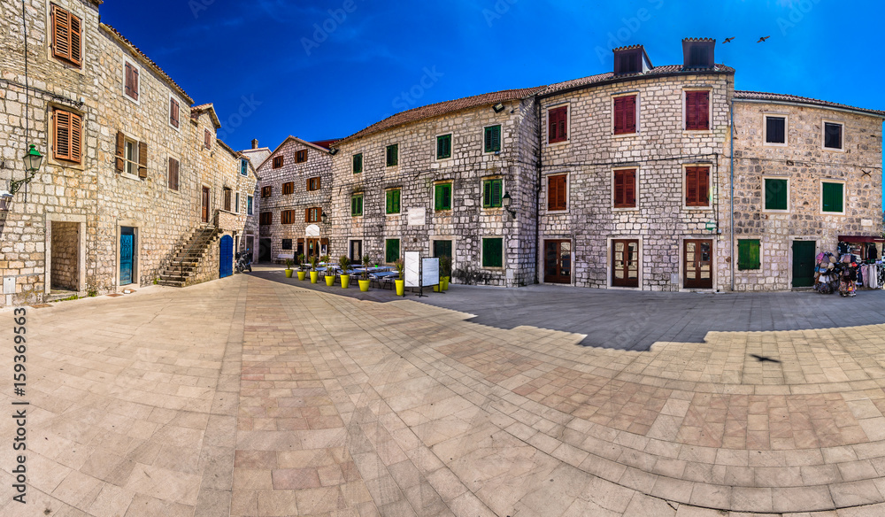 Old square panorama Hvar. / Marble panorama of traditional mediterranean square in town Starigrad, 2400 years old town in Croatia, Europe. 