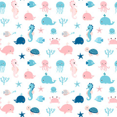 Fototapete Meerestiere-Kindermuster Sommerliches Meerestiere Muster in Blau Rosa  © dollitude