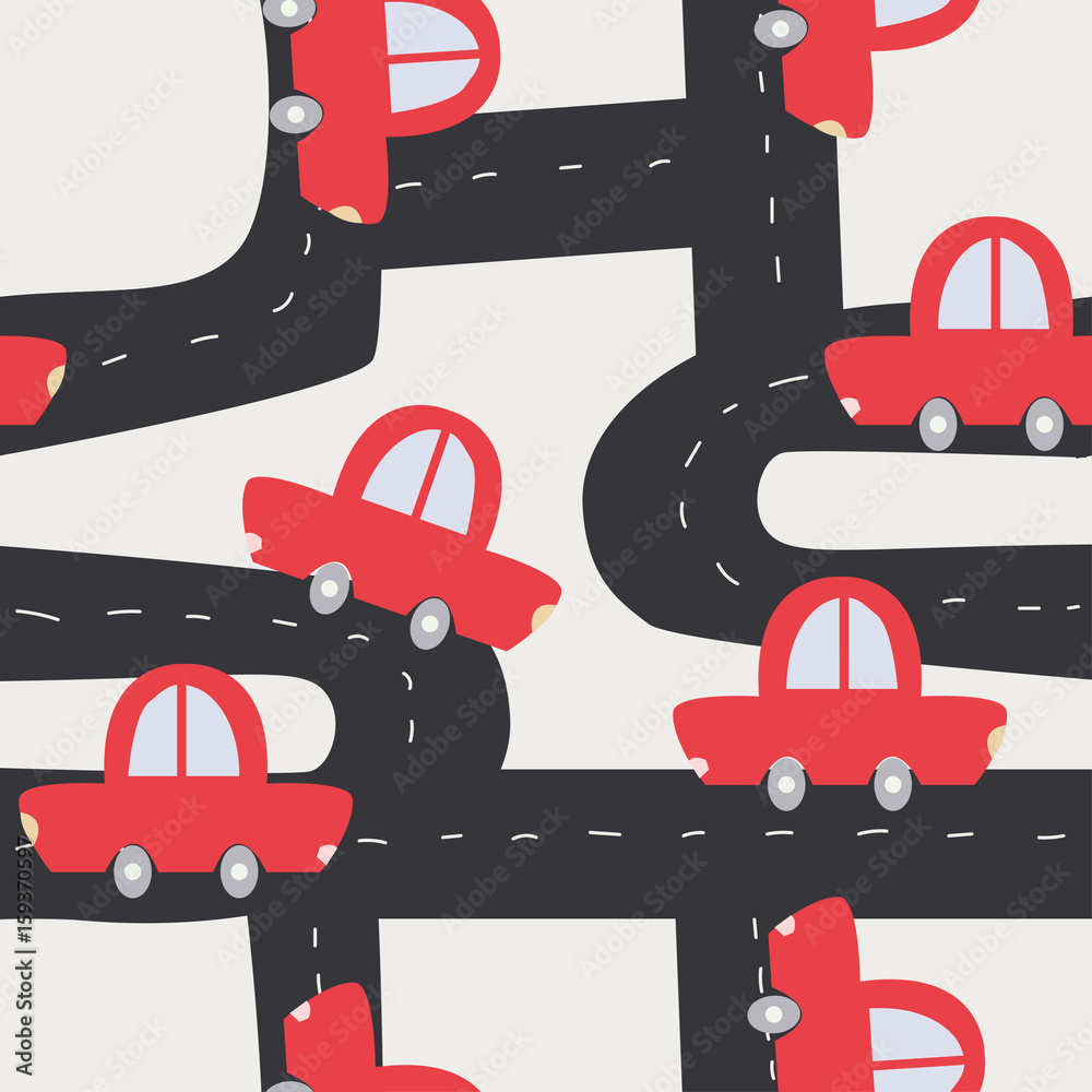 Funny red car on the road. Kids seamless pattern. Vector hand drawn illustration.