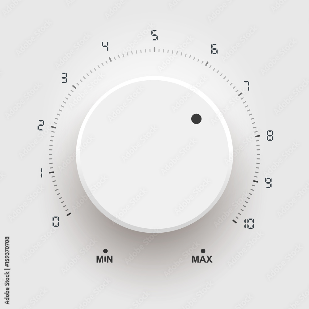 Volume button, sound control, music knob with metal texture and number scale isolated on background Volume button, sound control, music knob with metal texture and number scale isolated on background