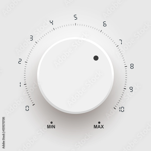 Volume button, sound control, music knob with metal texture and number scale isolated on background