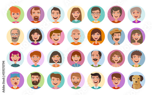 People icons set. Avatar profile, diverse faces, social network, chat symbol. Cartoon vector illustration flat style