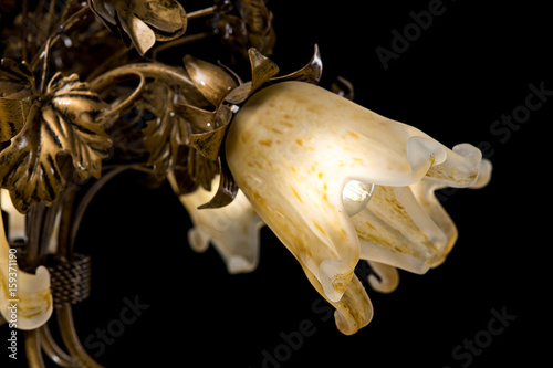 Classic chandelier in flower style isolated on black background. Close-up photo