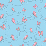 Seamless pattern with pink butterflies on blue. Vector background. 