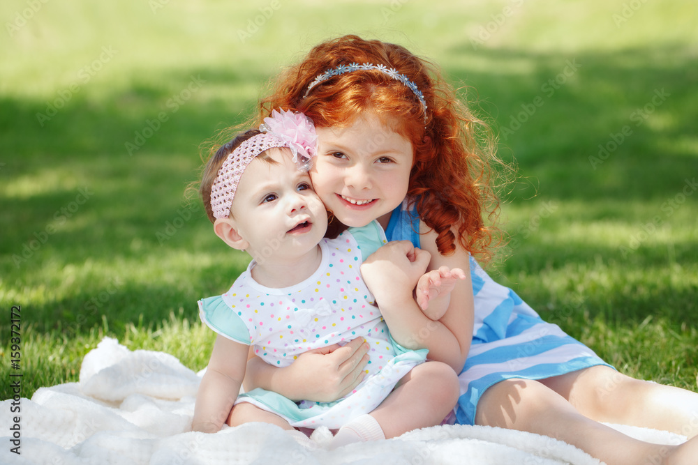 Portrait of two cute adorable little red-haired Caucasian girls sisters siblings children, sitting together in field meadow park outside, hugging, looking in camera, happy lifestyle childhood concept