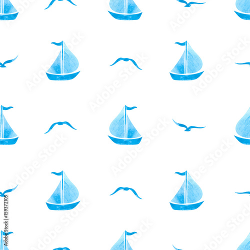 Seamless sea pattern with sailing ships and seagulls on white. Marine vector background for baby kids design