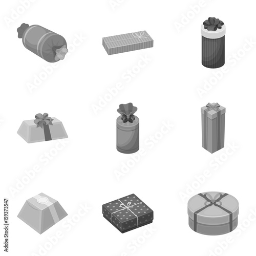 A set of pictures gifts. Gifts for different holidays, surprises. Gift packaging.Gifts and cert icon in set collection on monochrome style vector symbol stock illustration.