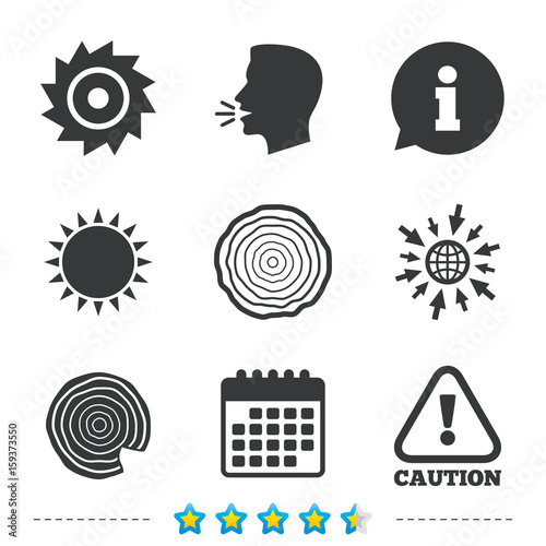 Wood and saw circular wheel icons. Attention.
