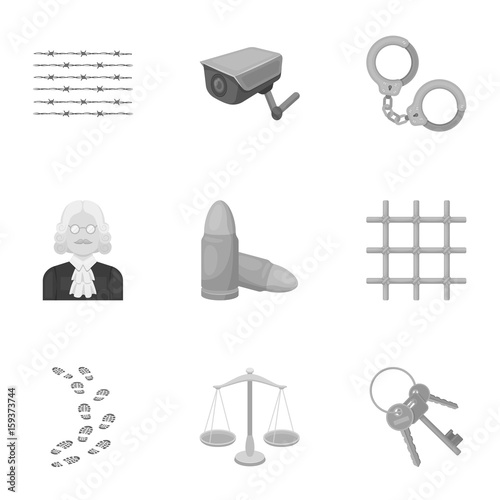 Set of images about the prison and prisoners. Surveillance of thieves, court, crime and punishment.Prison icon in set collection on monochrome style vector symbol stock illustration.