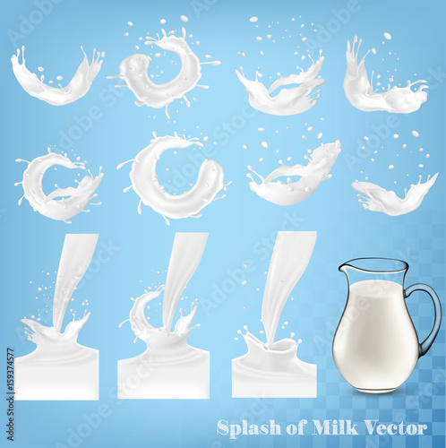 Splash of milk and jug on transparent background. Vector set