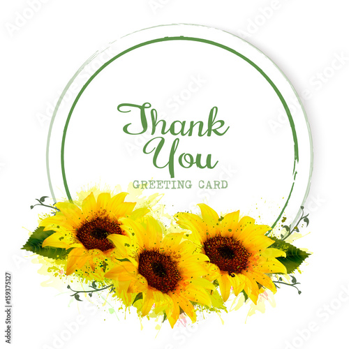 Natural vintage greeting card with yellow sunflowers. Vector.