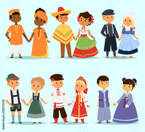 Lttle kids children couples character of world dress girls and boys in different traditional national costumes and cute nationality dress vector illustration.