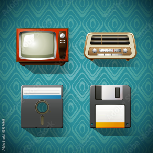 Four vintage items on blue background