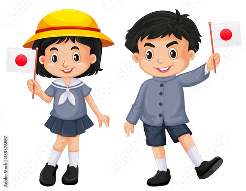 Japanese girl and boy holding flag