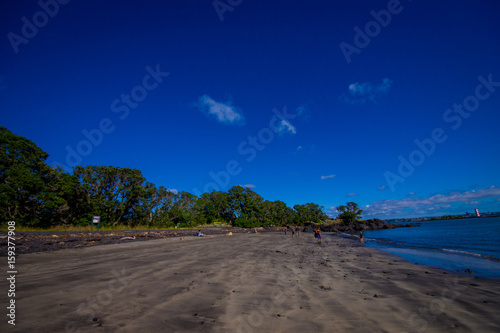 Beautiful view to Rangitoto Island from Karaka Bay Beach Auckland New Zealand in a blue sky in sunny day photo