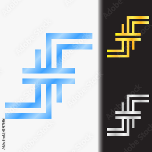 Initial letter FF premium blue metallic rotated lowercase logo template in white background, and custom preview in gold and silver color