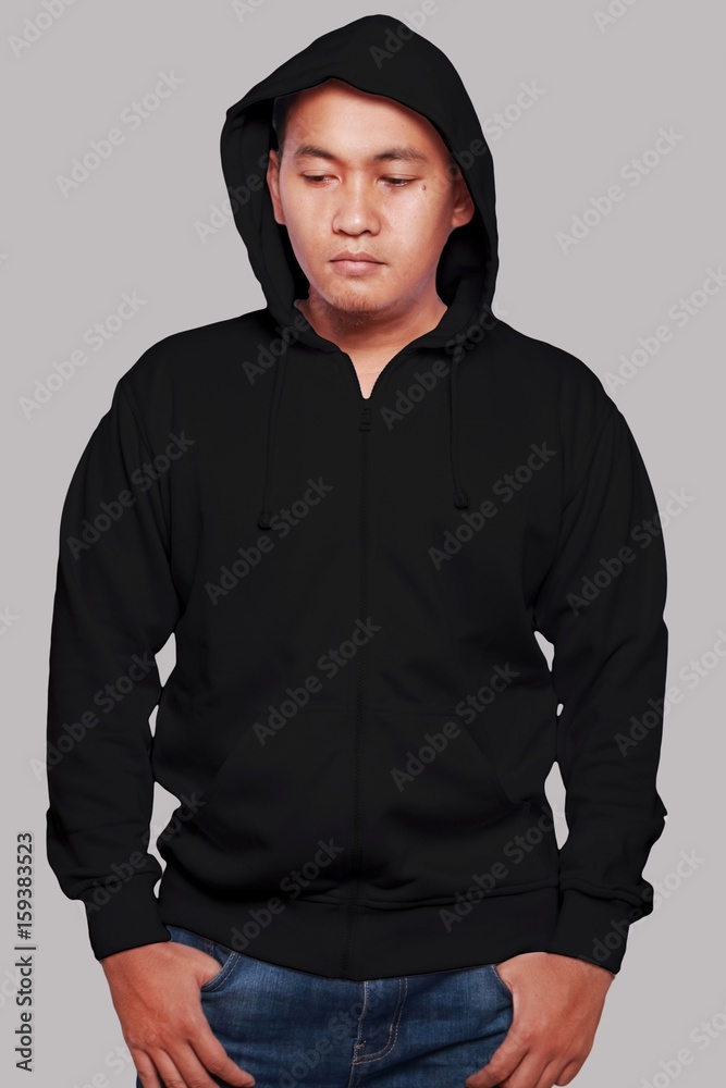 Blank sweatshirt mock up, front view, isolated on grey. Asian male ...