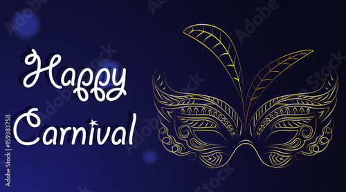 Silver carnival mask with feathers. Beautiful concept design with hand drawn lettering for poster, greeting card, party invitation, banner or flyer. Vector Illustration.