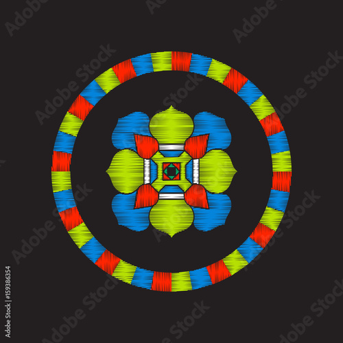 Embroidery with tibet mandala on black background. Stock vector illustration.