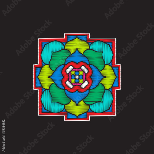 Embroidery with tibet mandala on black background. Stock vector illustration.