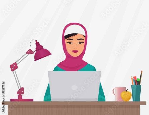 Muslim business pretty woman in traditional clothing working on laptop. Arabian female Vector illustration.