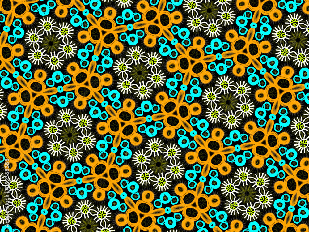 A hand drawing pattern made of blue, orange and white on a black background.