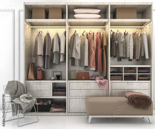 3d rendering minimal scandinavian wood walk in closet with wardrobe