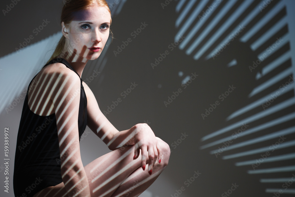 Fashion art studio portrait of elegant naked lady with shadow on her body Fashion art studio portrait of elegant naked lady with shadow on her body