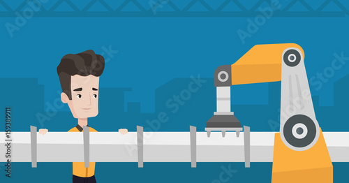 Caucasian refinery worker repairing pipeline with a robotic arm. Youn refinery worker and robotic arm installing oil pipeline at refinery plant. Vector flat design illustration. Horizontal layout.