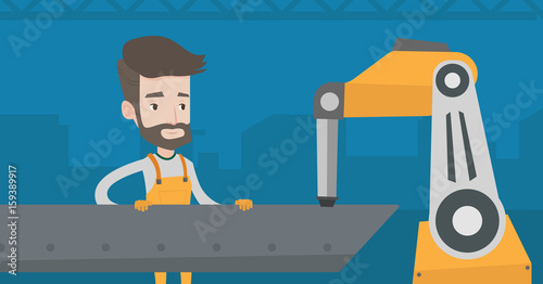Young caucasian man working on industrial welding robotic arm at the factory. Hipster worker using industrial robotic arm in steel making plant. Vector flat design illustration. Horizontal layout.
