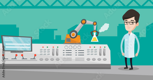 Young caucasian scientist and robotic arm conducting experiments in a modern laboratory. Robotic arm working in the laboratory with the test tube. Vector flat design illustration. Horizontal layout.